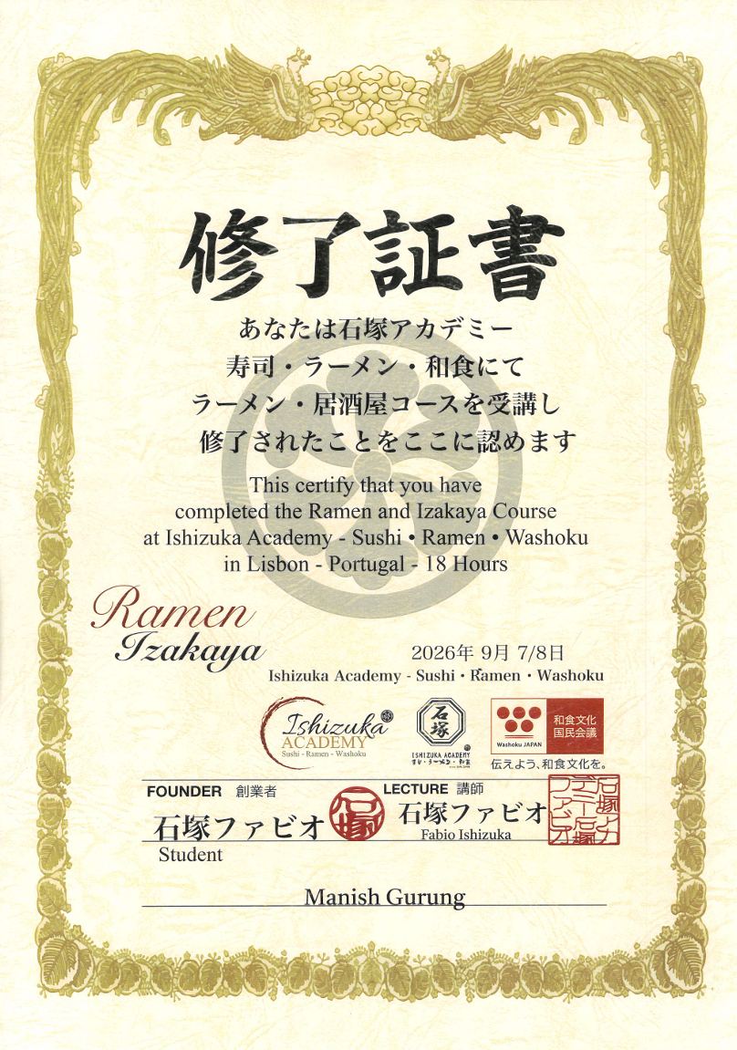 Ramen & Izakaya Course completion certificate, Ishizuka Academy